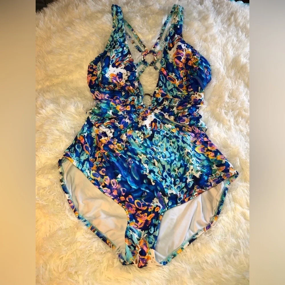 VENUS Blue and Orange One Piece Swimsuit with Plunging V-neckline